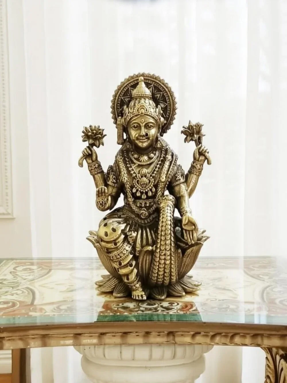 Brass Lakshmi Statue - Seated on Lotus, Ornate Religious Figurine for Home